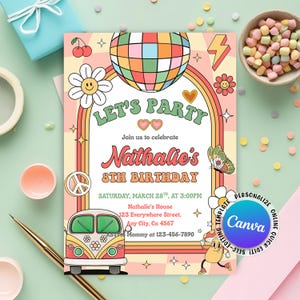 Groovy Birthday Party Invitation, ANY AGE Groovy Invitation, Let&#39;s Party Birthday Boho Retro Flower Power, Groovy Birthday, Editable Canva