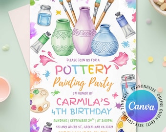 Pottery Painting Birthday Invitation, Pottery Painting Party Birthday Invite, Painting Artist Birthday Girl Invitation, Editable Canva