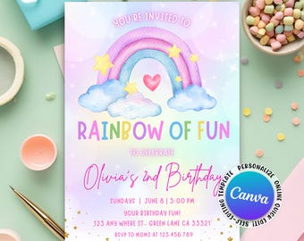Rainbow Birthday Invitation For Girl, Clouds and Rainbow Birthday Invitation, Colourful Rainbow Birthday Invite, Canva Editable Template