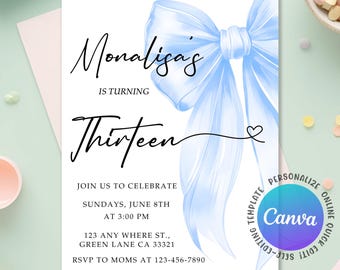 Blue Coquette 13th Birthday Invitation, Watercolour Blue Bow Invitation, Elegant Blue Ribbon Invite Teen Girl Birthday, Editable Canva