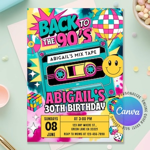 90s Birthday Party Invitation, Back to the 90s, Throwback Party, House Party, Back To The 90s Neon Party Glow Dance Disco, Editable Canva