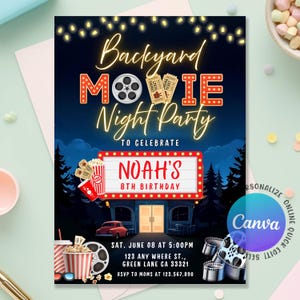 May include: A movie-themed invitation with the text "Backyard Movie Night Party" in gold lettering. The invitation features a movie reel, popcorn, and cinema tickets. The invitation is for Noah's 8th birthday and includes the date, time, and location.
