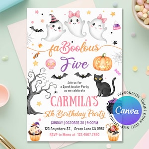 May include: A Halloween-themed invitation with the words "fa Boolous Five" and "Carmila's 5th Birthday Party." The design includes cartoon ghosts, a pumpkin, bats, a black cat, and a skull. The invitation is personalized with Canva.