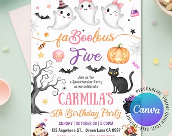 Halloween Birthday Invitation, Halloween 5th Birthday Invitation Fab boo lous Boo Day, Pink Halloween Birthday Party Invite, Editable Canva