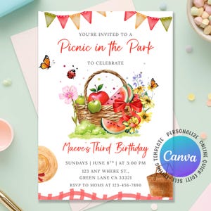 Picnic In the Park Birthday Invitation, Picnic Birthday Party, Girl Sweet Summer Picnic Party, Picnic Invitation Editable Canva Template