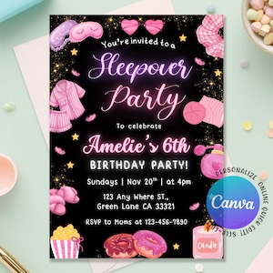 Sleepover Birthday Invitation, Slumber Party, Pajama Party, Sleepover Birthday Invite, Girl Tween Birthday Movie Night Party, Editable Canva