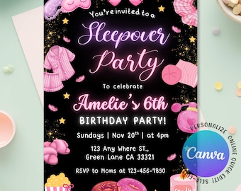 Sleepover Birthday Invitation, Slumber Party, Pajama Party, Sleepover Birthday Invite, Girl Tween Birthday Movie Night Party, Editable Canva