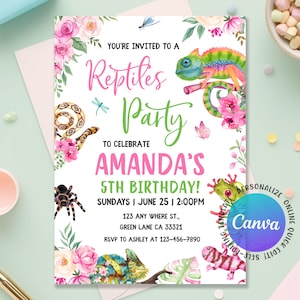 May include: A reptile-themed party invitation with watercolor illustrations of a chameleon, snake, frog, and lizard. The invitation reads "Reptiles Party" and celebrates Amanda's 5th birthday. Includes date, time, and RSVP information.
