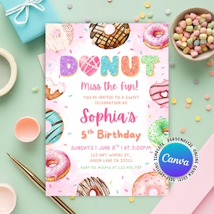 May include: A pink and white donut-themed birthday invitation with the text "DONUT" and "Sophia's 5th Birthday". The invitation includes watercolor illustrations of donuts and sprinkles, with the words "Miss the Fun!" and event details.