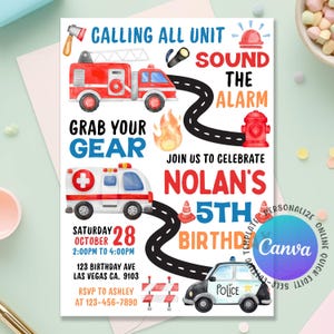 Inbjudan till nödsituation, räddningstjänstfest, ambulans, brandbil, polisfest, pojkefödelsedagsinbjudan till alla enheter, redigerbar canvas
