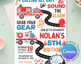 May include: A birthday party invitation with a fire truck, ambulance, and police car theme. The invitation includes the text "Calling All Unit," "Sound the Alarm," and "Join us to Celebrate Nolan's 5th Birthday." The date and time are also included.