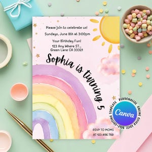 Regenbogen-Geburtstags-Einladung, Aquarell Regenbogen-Geburtstags-Party Einladung, Mädchen-Party einladen, Bunte Party einladen, Bearbeitbare Canva-Vorlage