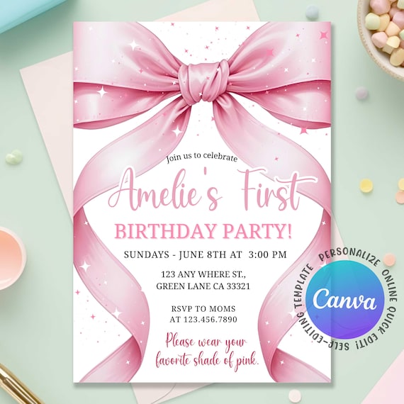 Coquette Pink Bow Invitation, Pink Bow 1st Birthday Invitation, Pink Coquette Bow Invitation, 1st Birthday Girl Invite, Editable Template