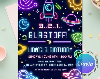 Invitación de cumpleaños para niño espacial neón, invitación para fiesta galáctica, cohetes espaciales y planetas, cumpleaños de astronauta en el espacio exterior, Canva editable