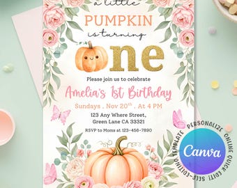 Our Little Pumpkin First Birthday Invitation, Pumpkin Invitation 1st Birthday Invite, Gold Pink Fall Birthday Invite, Editable Canva