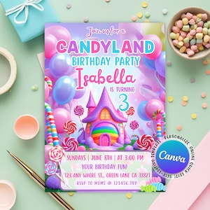 Sweet Celebration Birthday Invitation, Candy Land Invitation, Candy Birthday Party Invitation, Candy Land Invites, Canva Editable Template