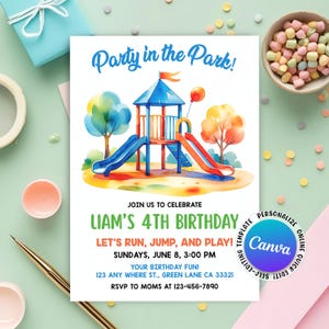 Playground Birthday Invitation, Party in the Park Outdoor Birthday Invite, Run Jump Slide Play, Playground Invite for Kids, Editable Canva