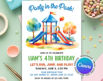 Invitación de cumpleaños en el parque infantil, fiesta en el parque, invitación de cumpleaños al aire libre, correr, saltar, deslizarse, jugar, invitación de parque infantil para niños, editable en Canva