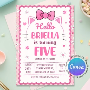 May include: A pink birthday party invitation with a cat-like face design. The invitation reads "Hello Briella is turning FIVE" in pink text. Details include the date, time, and location of the party. The Canva logo is visible.