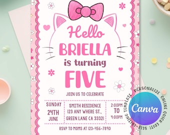Kitten Birthday Invitation, Cute Kitty Birthday Invite, Cute Cat Girl Bday Party Invite,  Are You Kitten Me Right Meow, Editable Canva