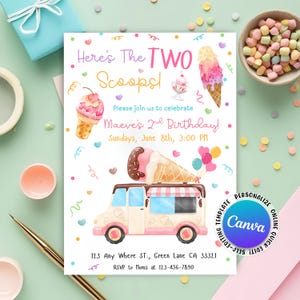 Ice Cream Birthday Invitation, Ice cream Sweet Party Here&#39;s the Scoop Girl Birthday Invite, Ice Cream Invitation, Editable Canva Template