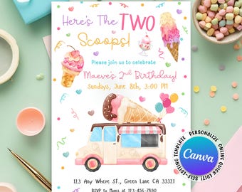 Ice Cream Birthday Invitation, Ice cream Sweet Party Here's the Scoop Girl Birthday Invite, Ice Cream Invitation, Editable Canva Template