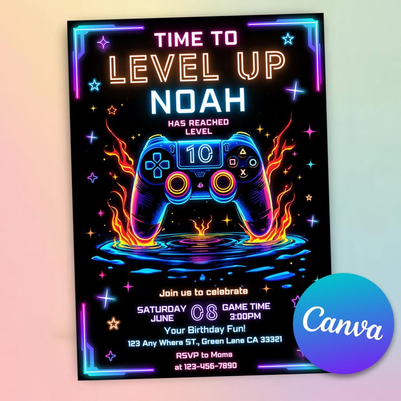 Arcade Invitation,Neon Gaming Invite,Neon Arcade Party,Game on Invitation,gamer invitation,Neon Video Game,Video Gamer Invite,Video Game Birthday,Video Game Invite,Gamer Party Invite,Level up Birthday,Glow Game Party,Invitation for Boys