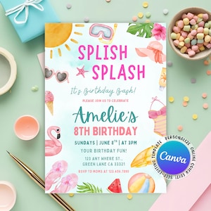 May include: A beach-themed birthday invitation in watercolour style. The invitation features the words "SPLISH SPLASH" in pink, along with illustrations of a flamingo, sunglasses, and a sun. The text reads "Amelie's 8th Birthday".