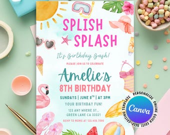 Splish Splash Birthday Invitation, Pool Party Birthday Invite, Girl Summer Birthday Invitation, Pool Summer Party, Editable Canva Template
