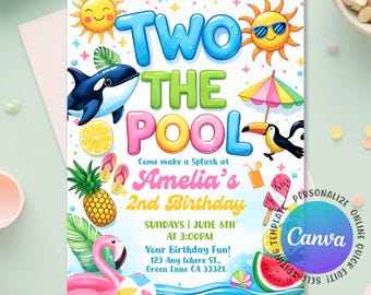 May include: A vibrant invitation for a second birthday pool party. The design includes the words "Two The Pool", a sun, an orca, a pineapple, and a flamingo. The invitation also includes the party details, such as the date, time, and location.