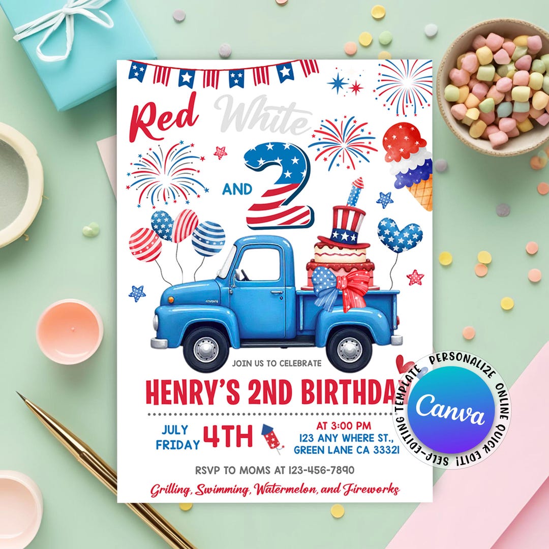 Red White and Two Birthday Invitation, Th of July 2nd Birthday Party ...