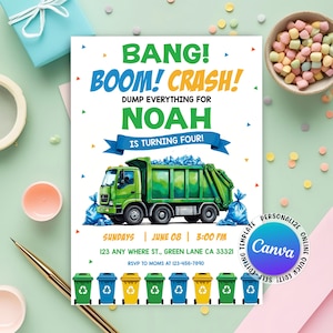 Müllauto-Geburtstagseinladung, Dump Trucks Party Einladung, Trash Bash Boys Vorlage, Recycling Karte, Canva bearbeitbare Einladung
