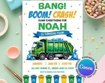 Garbage Truck Birthday Invitation, Dump Trucks Party Invitation, Trash Bash Boys Template, Recycling Card, Canva Editable Invitation