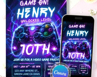Video Game Birthday Invitation, Neon Game On Level Up Gaming Birthday Party Invite, Arcade Party Invitation, Glow Game Party, Editable Canva