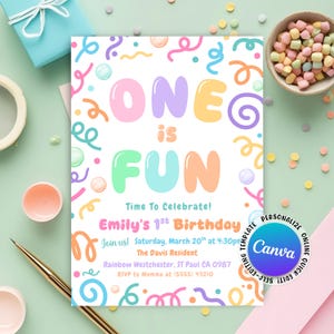 May include: A pastel-coloured birthday invitation with the words "ONE is FUN" in large, bubble letters. The invitation includes details for Emily's 1st birthday, with a Canva logo. Confetti and decorations surround the text.