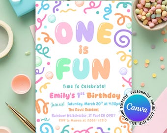 One Is Fun 誕生日招待状、男の子の1歳の誕生日パーティー、シンプルでカラフルな誕生日招待状、明るく陽気な1歳の男の子の誕生日、Canvaテンプレート