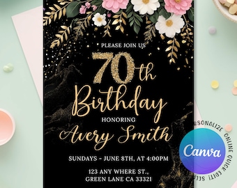 Floral 70th Birthday Party Invitation, Adult Birthday Invitation, Blush Rose Gold Floral Birthday Party Invite for Women, Editable Canva