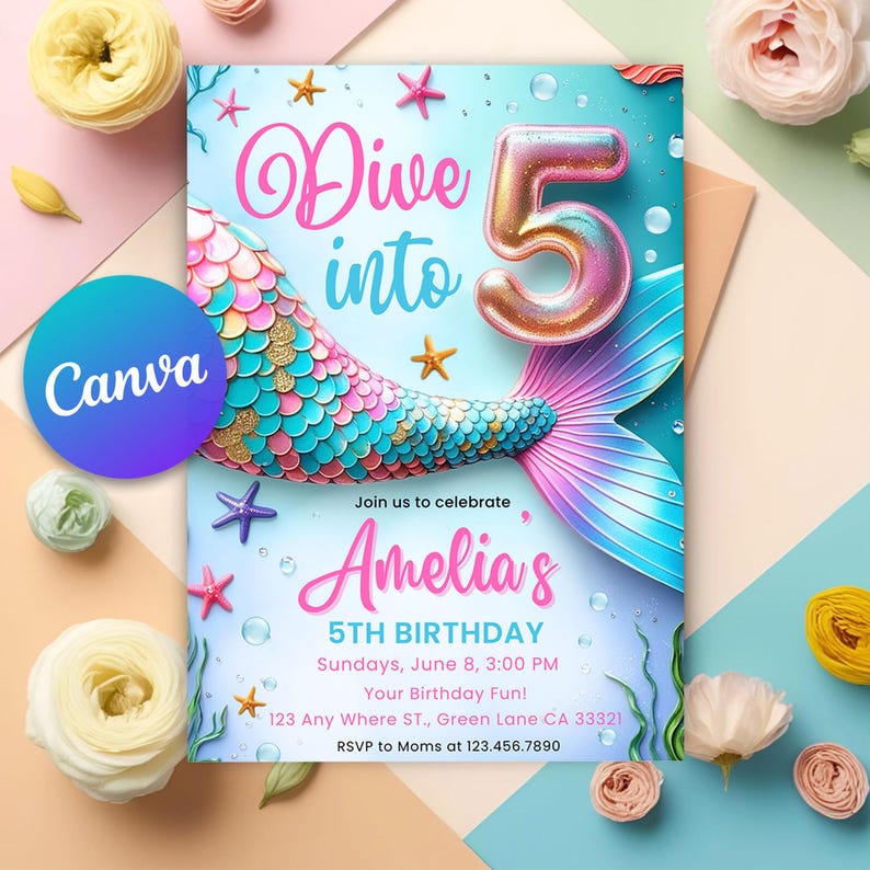 girl 5th invitation,under the sea invite,mermaid invite,mermaid invitation,mermaid 5th birthday,mermaid invites,5th birthday,ocean mermaid,pink mermaid invite,mermaid invite,mermaid invite 5th,5th mermaid invite,dive into 5