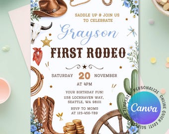 Invitación de primer rodeo para niño, invitación de primer cumpleaños estilo vaquero, invitación retro del Viejo Oeste, fiesta de primer cumpleaños estilo western, mi primer rodeo, editable en Canva