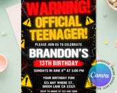 Warning Official Teenager 13th Birthday Boy Invitation, Teenager 13th Invitation, Warning Official Teenager Birthday Invite, Editable Canva