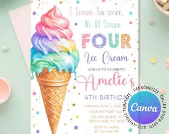 Ice Cream Birthday Invitation, Here's the Scoop Girl Birthday Invite, 4th Birthday Invitation, Pink Purple Mint Ice Party, Editable Canva