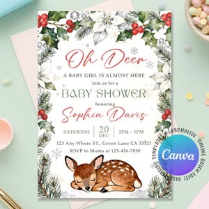 Puede incluir: Invitación a un baby shower con temática invernal. La invitación presenta el texto "Oh Deer" y "A Baby Girl is Almost Here". Incluye una ilustración de un cervatillo durmiendo, flores de pascua y bayas de acebo. La invitación es para Sophia Davis.