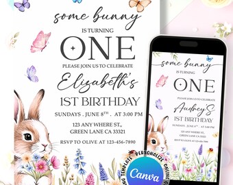 Some Bunny 1st Birthday Invitation, Easter Rabbit Girl 1st Birthday Invite, Spring Flowers Bunny 1st Birthday Party Invite, Editable Canva