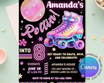 May include: A black invitation with a roller skate illustration in pink, yellow, and blue. The invitation says "Amanda's Rollin' Into 8" with event details. A disco ball and floral accents complete the design.