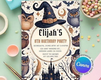 May include: A whimsical birthday party invitation featuring a witch's hat, owls, and a castle. The invitation reads "Elijah's 8th Birthday Party" with event details. The design includes stars, moons, and bats, with a Canva logo.