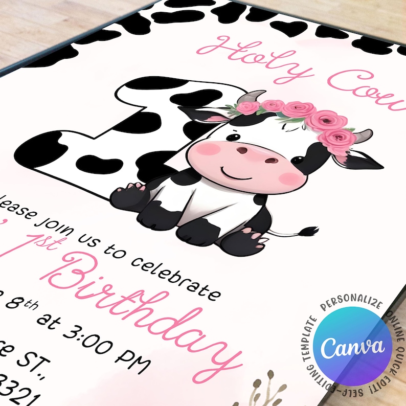 cow first birthday,cow birthday,Girl 1st Birthday,holy cow party evite,holy cow birthday,holy cow invite,ranch 1st birthday,holy cow invitation,cow invitation,moo moo birthday,cow first birthday,Cow evite,cow birthday,baby cow invitation,Editable Canva,Canva Template,farm birthday