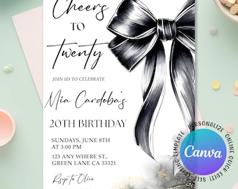 Black Bow Birthday Invitation, Coquette Minimalist Black Bow Birthday Invite, Black Bow Ribbon Coquette Birthday Party, Editable Canva