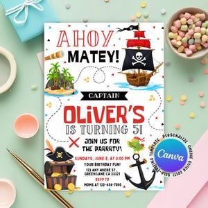 Peut inclure: Une invitation d'anniversaire sur le thème des pirates avec le texte "Ahoy Matey !" et "Oliver's is turning 5 !" Le design comprend un navire pirate, un coffre au trésor et un perroquet, avec un logo Canva.