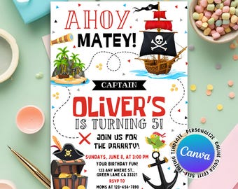 Invitación de cumpleaños pirata, invitación pirata, invitación para fiesta pirata infantil "Ahoy Matey", invitación para niño pirata, plantilla editable de Canva