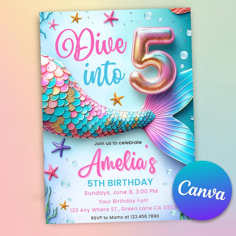 girl 5th invitation,under the sea invite,mermaid invite,mermaid invitation,mermaid 5th birthday,mermaid invites,5th birthday,ocean mermaid,pink mermaid invite,mermaid invite,mermaid invite 5th,5th mermaid invite,dive into 5